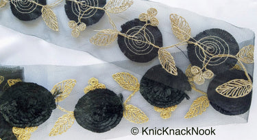 Black Net Lace Trim With Black Thread Flowers and Gold Leaves Embroidery, Approx. 95mm wide